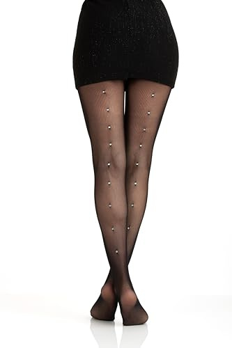 Gi&Gi Collant in Pizzo Floreale con Strass, Calze a Rete calze donna fantasia Design Elegante a Righe Verticali, Nero (IT, Testo, L, XL, Regular, Regular, NERO CON BRILLANTINI POSTERIORI)