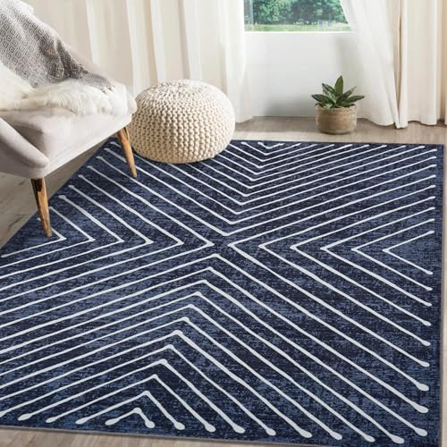 LuxFocus Waschbarer Teppich 120x170 cm Symmetrischem Linien-Design Blau | ca. 6mm Ultradünn, moderner Kurzflor-Teppich für Wohnzimmer Schlafzimmer Kinderzimmer, rutschfest, pflegeleicht, faltbar