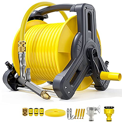 Garden Hose Reel Trolley with Nozzle Mobile Watering Solution for Garden and Car Washing, Free Standing or Wall Mounted, Includes Hose Options 15/20/25/30/40m