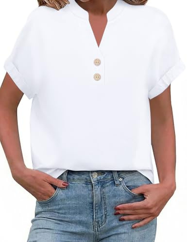 PASUDA Camicia Estiva Donna Blusa Lino Elegante Camicetta Manica Corta Camicia Scollo a V Button Down Camicia Tinta Unita Classico Top Estive T Shirt(Bianco,S)