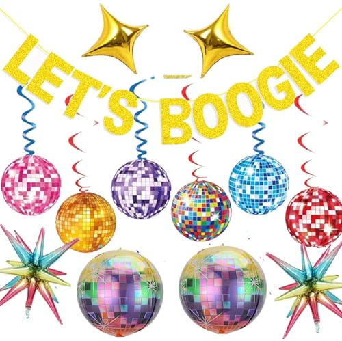 13-Piece Disco Party Decorations Kit with Hanging Swirls & Balloons, Retro Disco Ball & Star Decor for 70s 80s 90s Theme Ceiling & Wall Decorations