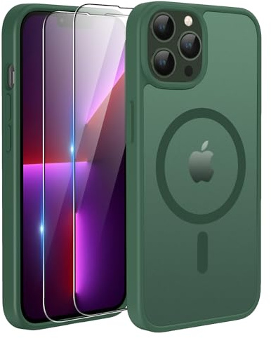 TQIAHF Magnetic Phone Case Cover for iPhone 13 Pro Max,Green | with 2 Tempered Glass Screen Protector Compatible with MagSafe Military Grade Shockproof Protective Slim Translucent Matte