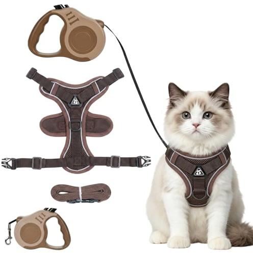 2er Set Katzengeschirr mit Leine Ausbruchsicher, Katzengeschirr mit Leine für sichere Nachtspaziergänge, Braunes Katzengeschirr Set mit Verstellbarer Katzenleine