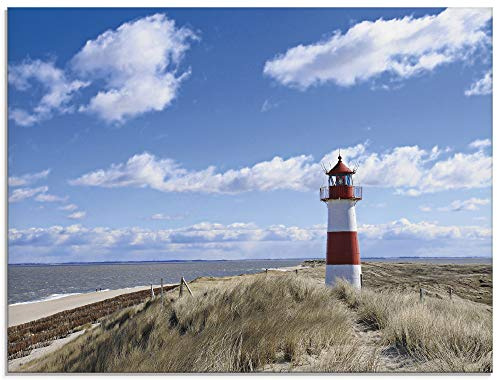 ARTland Wanddeko Glasbilder Wandbild Glas Bild einteilig 80x60 cm Querformat Strand Meer Nordsee Leuchtturm Sylt Dünen Gräser Wolken Sommer Urlaub T9ML