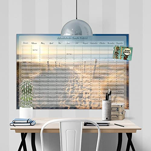 banjado® Wandkalender abwischbar aus Glas 60x40 cm/Jahresplaner abwischbar mit Motiv Weg zum Strand/langlebiger Jahreskalender, Urlaubsplaner & Familienplaner abwischbar