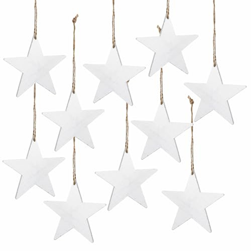 Stelle in legno bianche, 10 pezzi: ornamenti natalizi shabby chic per albero di natale e finestre, decorazioni natalizie da appendere rustiche, pendenti per regali e pacchetti, 7 cm