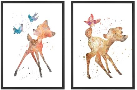 Din A4 Kunstdruck ohne Rahmen 2-teilig - Reh Hirsch Rehkitz Kinderzimmer Aquarell Wasserfarbe Vogel Geschenk Druck Poster Bild