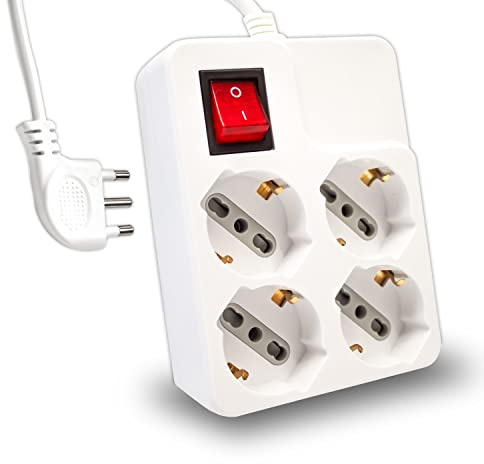 V-TAC Ciabatta Multipresa Elettrica 4 Posti con Interruttore e Cavo 1,5mt - 4 Prese Frontali 10/16A Bipasso Schuko - Presa Elettrica per Casa, Ufficio, Negozio - Spina 16A, Bianco