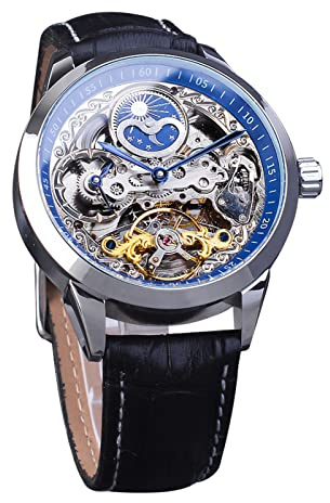 FORSINING Herrklocka Tourbillon månfas automatiskt armbandsur män läder mode företag skelett lyxiga klockor handlindning, SILVER