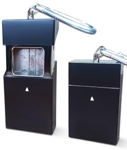 Jeuristic Ashtrays for Cigarettes Portable Pocket Ashtray - Pack of 2 Premium Fireproof ABS Metal Smell Proof Cool Travel Ashtrays with Keychain Outdoor Butt Disposal Box Fancy Cute Ashtray Black