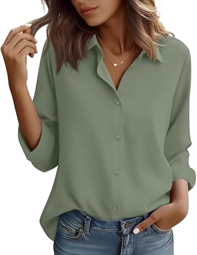 HOCAIES Womens Wrinkle Free Long Sleeve Button Down Shirts Formal Work Wear Shir Blouse (Small, Army Green)