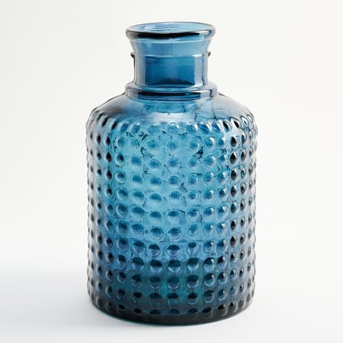 Botella Mediana de Vidrio Reciclado con Diseño de Puntos en Relieve - Pequeña Garrafa Artesanal de Cristal Estilo Mediterráneo para Decoración como Jarrón o Florero (Azul Marino)
