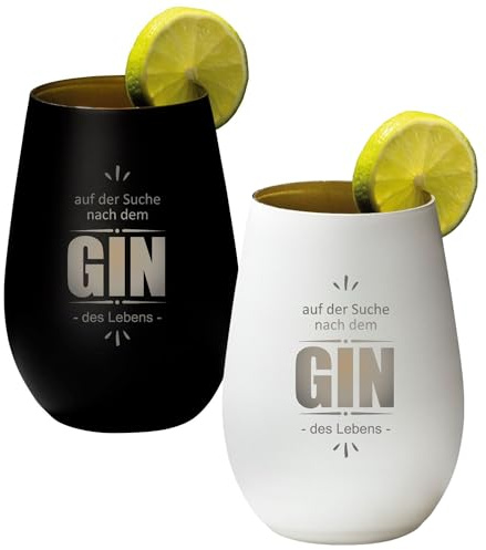 4youDesign 2-er Set Gin Tonic Glas mit Spruch der GIN des Lebens – Geschenk für Männer, Frauen zum Muttertag oder Vatertag – Tumbler-Party-Glas aus Kristallglas – Schwarz & Weiß – 465ml