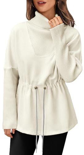 Fisoew Women's Turtleneck Sweatshirts Fleece Drawstring Waist Casual Long Sleeve Pullover Sweater Side Slit Tunic Tops Beige