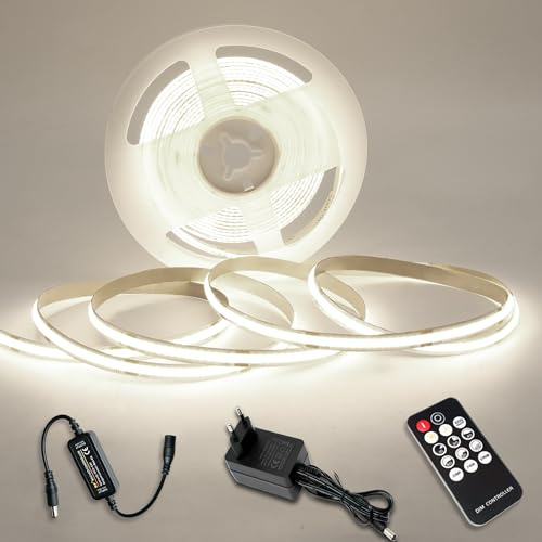 COB LED Streifen Warmweiss 5M, LED Stripe Dimmbar 24V 6000K, lichtband led selbstklebend Wasserdicht IP44, Lichtleiste mit Netzteil und Controller für Unterbau, TV Küche Wohnzimmer DIY (6000K, 5m)