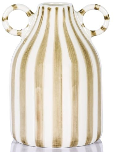 Jarrón de cerámica blanco y marrón con asa, jarrones pequeños nórdicos bohemios para mesa auxiliar, centro de mesa de flores, jarrón de boca ancha, jarrón de hierba de las pampas, decorativo, para el