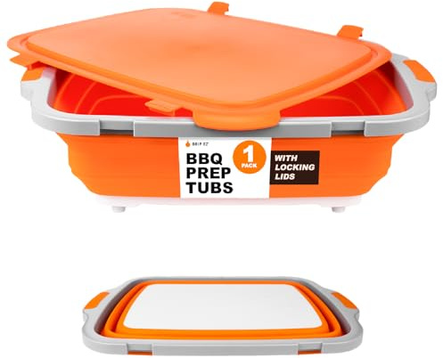Drip EZ Collapsible BBQ Prep Tub - For Meal Prep Marinating Food Storage - Includes Cutting Board & Locking Lid - (1) XL - Orange