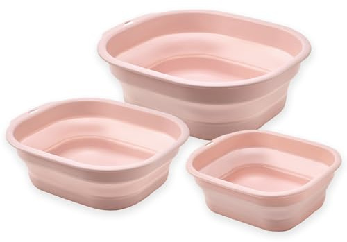 Collapsible Wash Basin Set of 3, Foldable Large Medium Small Wash Basins, Portable Plastic Basins for Laundry, Bottles, Travel, Camping (Pink)