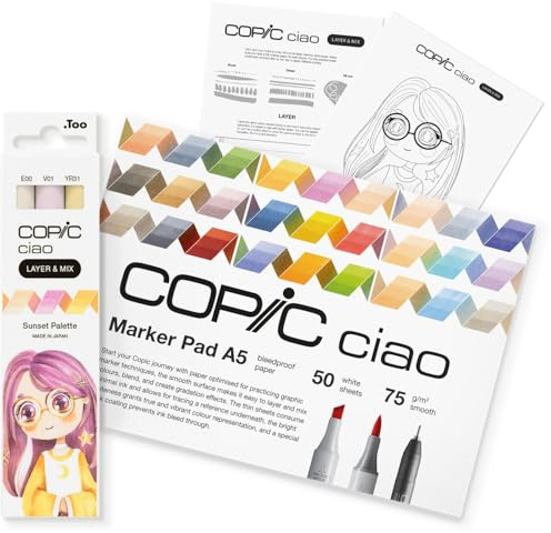 Copic Ciao LAYER & MIX startset solnedgång, märkpennor set med 3 olika färger, markörpapper och ritmall att pausa, inklusive inlärningsblad