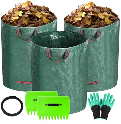 SEATOGEM 3 x 272L Sacchi per I Rifiuti da Giardino, Sacchi Giardinaggio Riutilizzabili, Borsa da Giardino Resistenti con una Clip a Foglia e Guanti da Giardinaggio