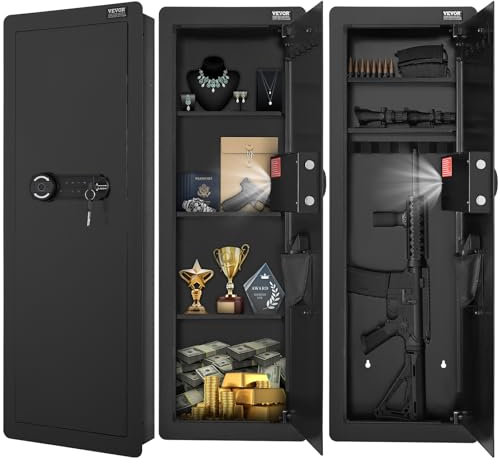 VEVOR Cassaforte da Muro Cassaforte con 4 Livelli 3 Ripiani Rimovibili 6 Portachiavi Luce LED Allarme a Vibrazione, Tastiera Impronta Digitale per Passaporti Armi Lunghe Gioielli Contanti Documenti