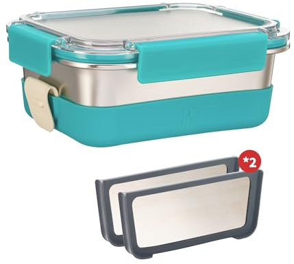 Stainless Steel Lunch Box with Silicone Sleeve/Metal Bento Box with 3 Compartments, Leak-Proof Lunch Container, Metal Food Storage for Travel, Work,Microwavable Dishwasher Safe-41Oz Extra Large