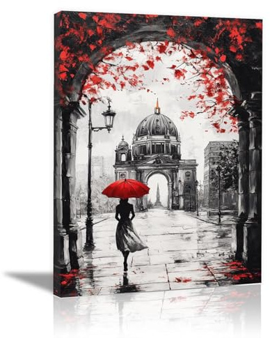 HOQIU Cuadros Blanco Y Negro Modernos, lienzos cuadros, Gente Con Paraguas Rojos En La Calle Salón Dormitorio Comedor Oficina Listo para colgar - 40x60cm Enmarcado(Blanco y negro)