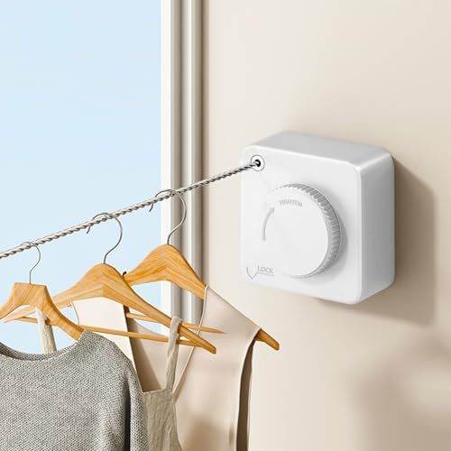 UpChoNice Retractable Clothesline Indoor & Outdoor, 4.95m Non-Sagging Stainless Steel Laundry Washing Line with Wall Mounted Heavy Duty Design, Space-Saving Clothing Drying Rack (Square White)