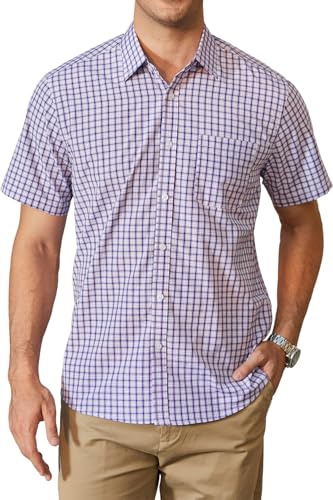 HISDERN Camisa a Cuadros Hombre Manga Corta Verano Casual Clásica con Botones Bolsillo Camisa Leñador para Hombre Regular Fit Azul & Rojo L