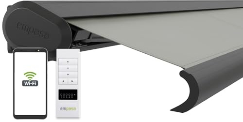 empasa elektrische Vollkassettenmarkise Profi Plus mit WiFi-Motor | Smart Home kompatibel Terrassenüberdachung Markise Kassettenmarkise, Kassette in anthrazit, Farbe:hellgrau, Größe:4.5 x 3.5 m