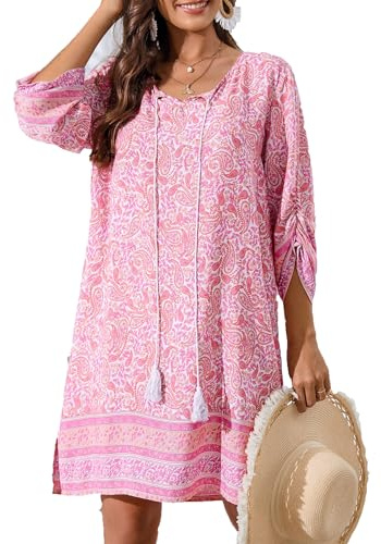 Zeagoo Robe d'été pour femme - Style bohème à fleurs - Manches 3/4 - Tunique - Mini robe ample - Robe décontractée, Rose, M