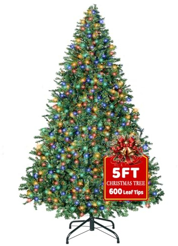 5FT Artificial Christmas Tree with 150 LED, Christmas Pine Tree with 600 Tips Lush, Foldable Metal Frame & Stand, Easy Assembly Pops Up Xmas Tree for Home Party, 150 x 100cm
