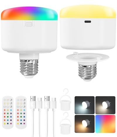 GOEBLESON E27 Rechargeable Light Bulb, Rechargeable E27 Light Bulb 2 Pack | Wireless Light Bulb, Battery Powered Light Bulbs with Remote, 5400mAh, RGB Colour, Dimmable, Magnetic Detachable, Timer, USB