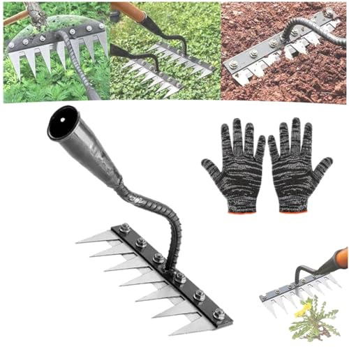 Rastrello in ferro 2.0 con manico, rastrello per diserbo in ferro, rastrello per diserbo da giardino in acciaio al carbonio a 5/6/7/8 denti per la rimozione del feltro