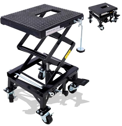 Hydraulic Motorcycle Lift Table, 350 lbs Capacity Scissor Jack Lift with Wide Deck, J-Hooks, 4 Wheels, Foot-Operated Jack Stand for ATV Dirt Bikes (Black)