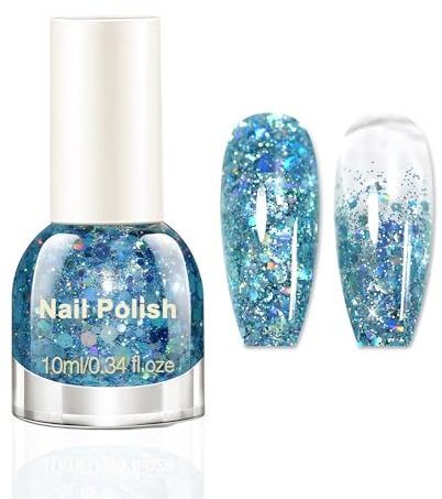 Glitzer Nagellack Blau - Schnell Trocknend Nagelack - Atmungsaktiv Nagellack Langanhaltend - Irisierender Chunky Glitter Nail Polish Ohne UV Lampe Für Frauen DIY-Nageldesign (Blue, 10ml)