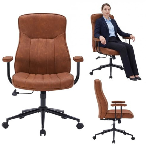 TUORUI Bürostuhl, Schreibtischstuhl mit Armlehnen, Drehstuhl mit Schaukelfunktion, Bürostuhl aus PU Leder, Chefsessel mit Armlehnen, Höhenverstellbar, Belastbarkeit 120KG