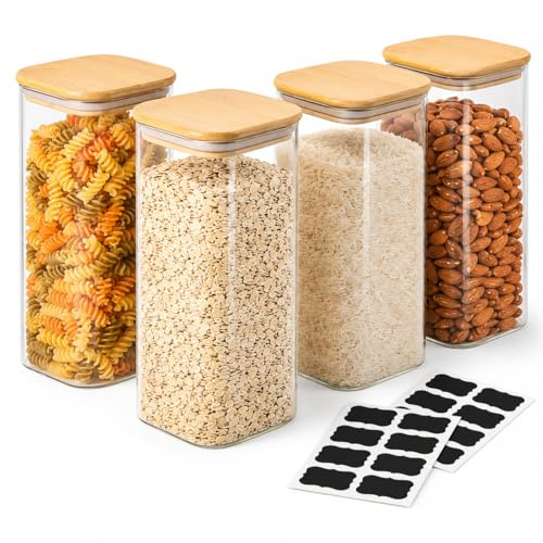 JMIATRY Lot de 4 bocaux de conservation avec couvercle 2000ml, bocaux de conservation en verre rectangulaires, boîtes de conservation en verre pour aliments, céréales, noix, farine