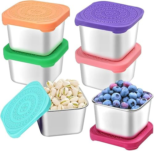 Houbobo 6Pack 180ml Stainless Steel Snack Pots for Kids, Easy Open Leakproof Metal Snack Food Container Sets with Silicone Lids, Stackable Lunch Box for Nursery, School and Travel