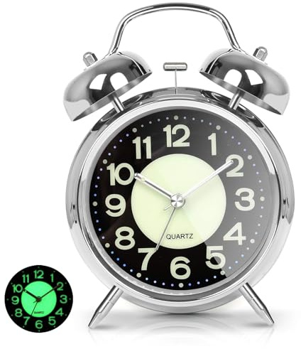 Loud Alarm Clock for Heavy Sleepers, Retro Twin Bell Design, 4-Inch Silent Non-Ticking Quartz Clock with Light and Luminous Dial,Perfect for Bedside and Bedrooms (White)
