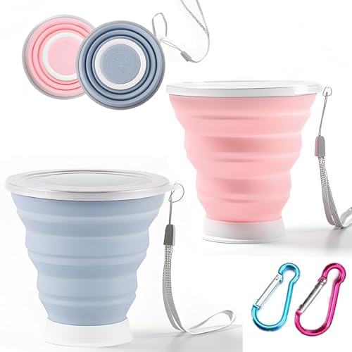 Kisstta 2 vasos plegables de silicona, 320 ml, vasos de agua plegables con tapa y mosquetón, taza de viaje reutilizable, vaso portátil para picnic, camping, senderismo, viajes