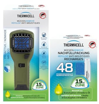 THERMACELL Diffuseur Anti Moustiques Portable Nomade - 15m² - 60h - Vert | Répulsif - Effet Rapide, Inodore - 5 Cartouches Gaz + 15 Plaquettes - THNATNOMVERECH48