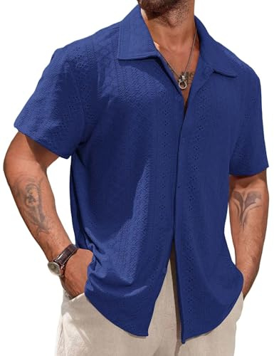 Remxi Mens Short Sleeve Shirts Button Down Hawaiian Shirt Summer Beach Cuban Collared T-Shirt Casual Holiday Hollow Out Tops Navy XL