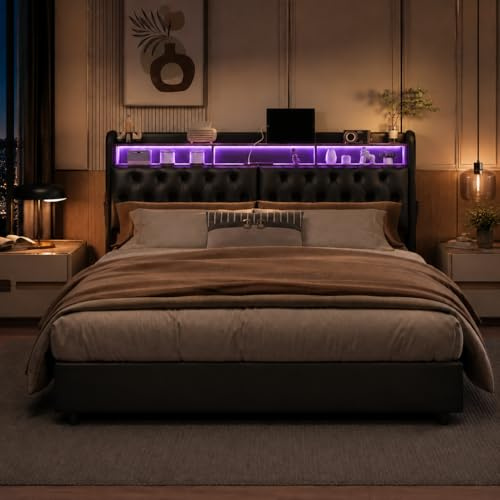 Vadderad säng, 180 x 200 cm, hydrauliska förvaringssängar med förvaringsutrymme och ribbotten, dubbelsäng 180 x 200, LED-sänggavel med förvaringsfack och USB-laddningsfunktion, PU