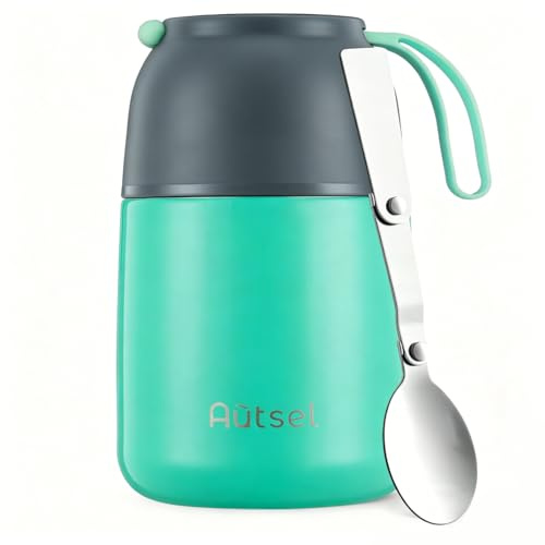 Autsel Food Flask for Cold/Hot Food, 500ml Thermal Soup Flask, Insulated Food Container, Stainless Steel Food Jar with Folding Spoon - Keep 12h Cold & Hot | Thermal food flask, insulated food container, lunch box, leakproof, foldable spoon, ideal for work, picnics & travel