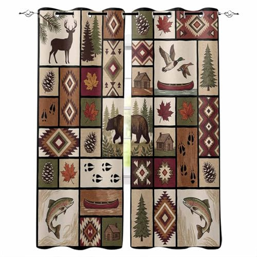 Country Patch Plaid Blackout Curtains for Bedroom, Thermal Insulated Window Treatment, Brown Farmhouse Retro Bear Deer Cabin Grommet Top Blackout Draperies and Drapes for Basement 27.5x39 2 Panels