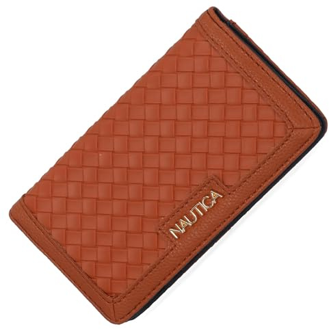 Nautica Seaside Slim Womens Wallet RFID Blocking Credit Card Holder, Coin Purse, Checkbook Organizer Clutch, Small Vegan Leather Wallet for Travel, Cognac (Woven)