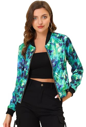 Allegra K Día de San Patricio Chaqueta De Bombardero Floral Ligera Con Cremallera Y Cuello Alto Para Mujer Verde S