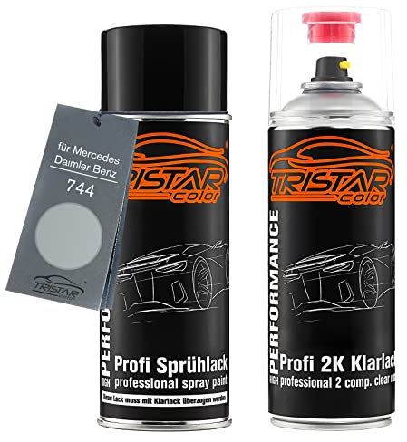 TRISTARcolor Vernice per auto Kit bombolette spray 2K per Mercedes/Daimler Benz 744 Brillantsilber Metallic Bomboletta a spruzzo vernice di base 2 componenti vernice trasparente