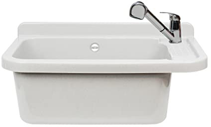 VBChome Ausgussbecken mit Armatur 50 x 35 x 21 cm Spülbecken Waschtrog mit Überlauf Waschbecken für Gewerbe Waschraum Garten inkl. Ablaufgranitur